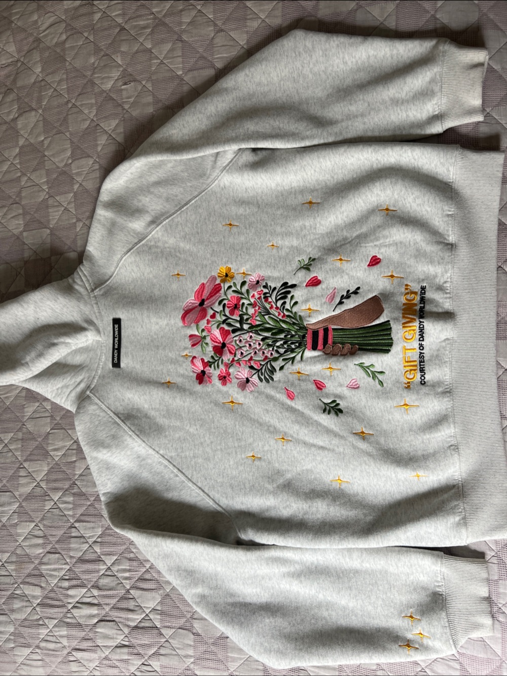 Dandy Worldwide “Gift Giving” Light Gray Floral Embroidered Hoodie - Picture 3 of 6